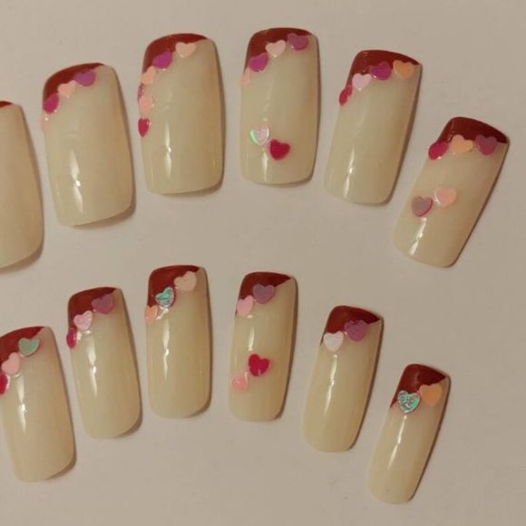 Pink French Tip Nails Valentine's Day Press On Nails - New Hand Painted - Picture 3 of 6